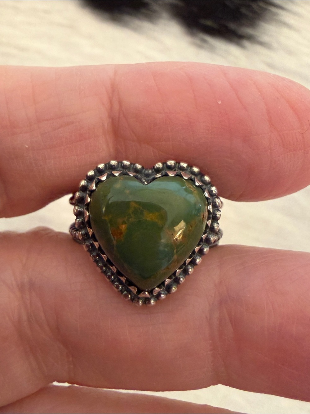 ❤️ Kingman Green Turquoise Heart Sterling Silver Navajo Style Western Ring SZ 7 - Picture 3 of 17